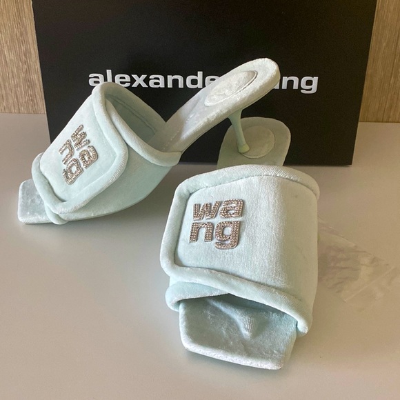 Alexander Wang Shoes - AUTHENTIC ALEXANDER WANG GREEN PADDED CRYSTAL LOGO JESSIE VELOUR HEELED SANDALS